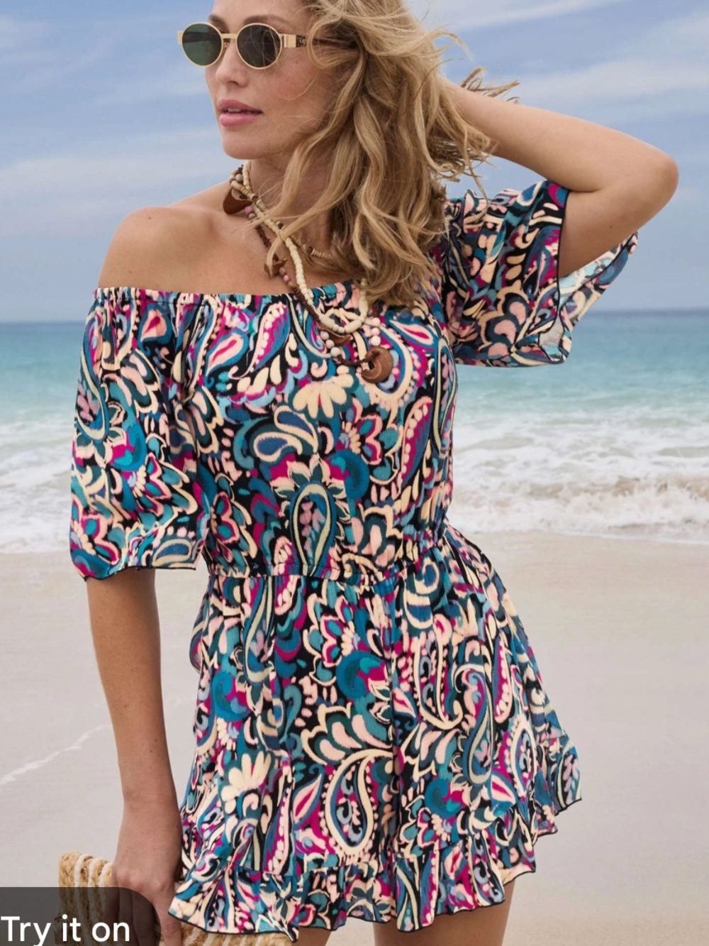 C4- VENUS Multicolor Paisley Off-Shoulder Romper in Teal, Pink & Black